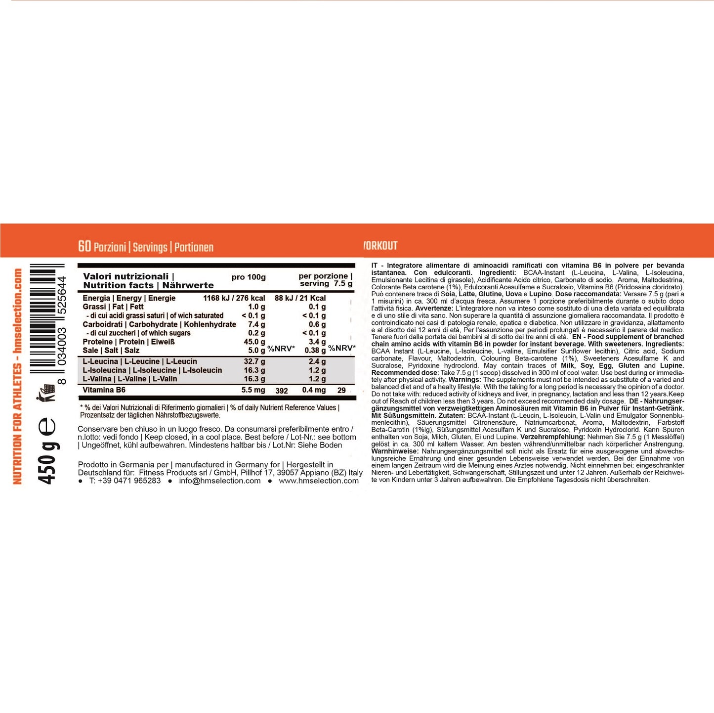 BCAA Instant Drink, Arancia, 450g - integratore alimentare di aminoacidi ramificati con vitamina B6 in polvere per bevanda istantanea