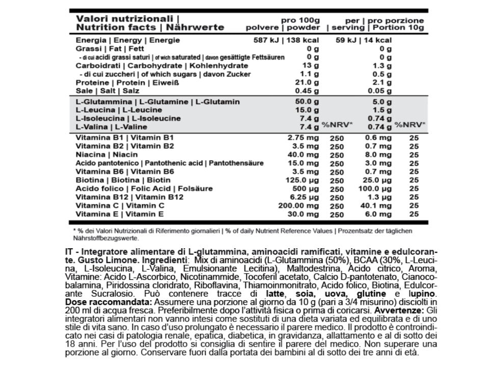 GLUTAMINE+BCAA F15, Limone 500g - Integratore alimentare di L-glutammina, aminoacidi ramificati e vitamine