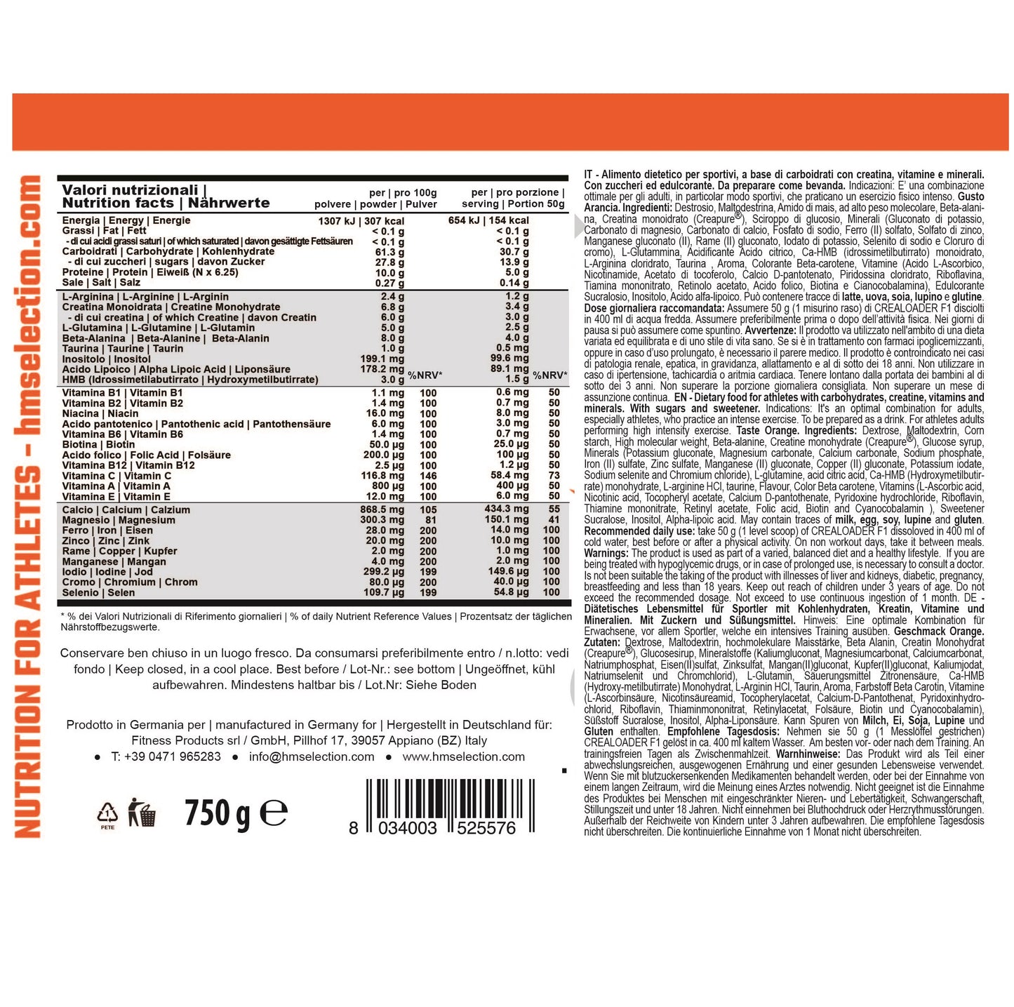 CREALOADER F1 Arancia 750g - alimento dietetico per sportivi a base di carboidrati con creatina, vitamine e minerali