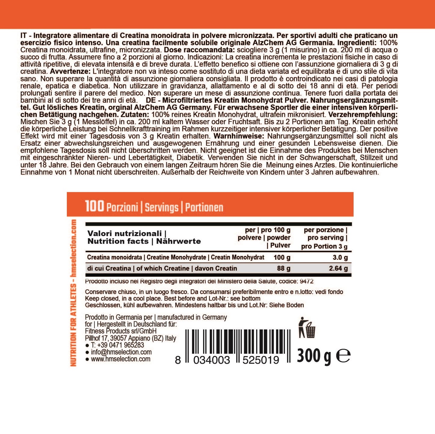 CREATINE 300g 100%Creapure® - integratore alimentare di creatina monoidrata in polvere micronizzata - per adulti che praticano un esercizio fisico intenso