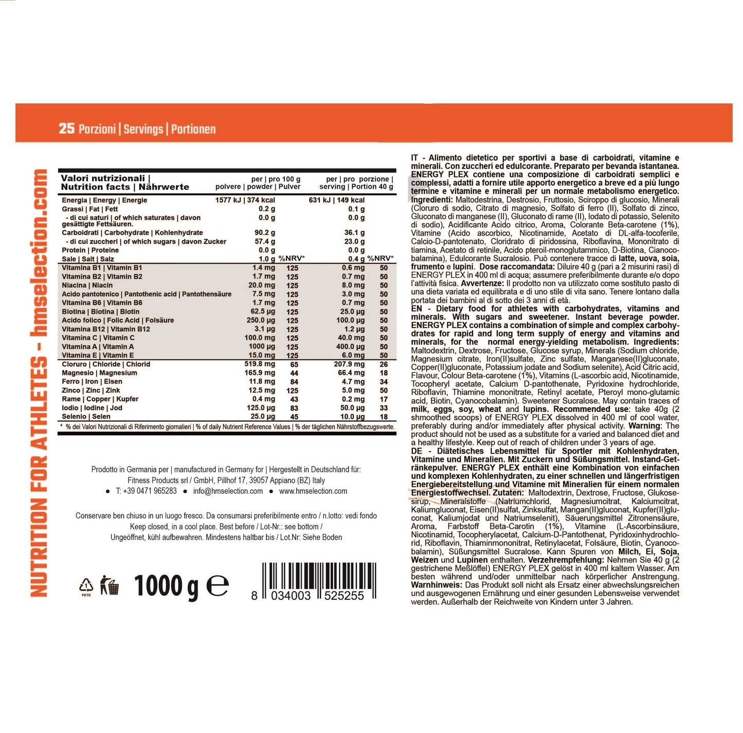 ENERGY PLEX Arancia 1000g - prodotto a base di carboidrati, minerali e vitamine