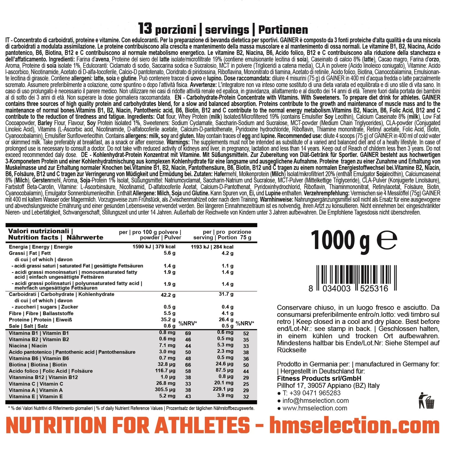 GAINER 1000g - concentrato a base di carboidrati, proteine, vitamine e minerali