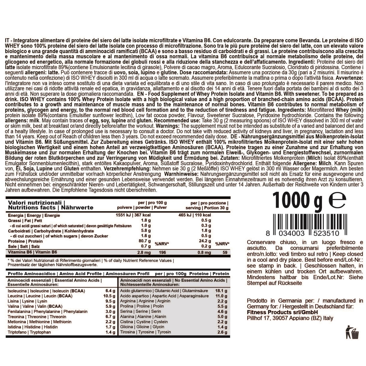 ISO WHEY 1000g - Pure Whey Protein Isolate