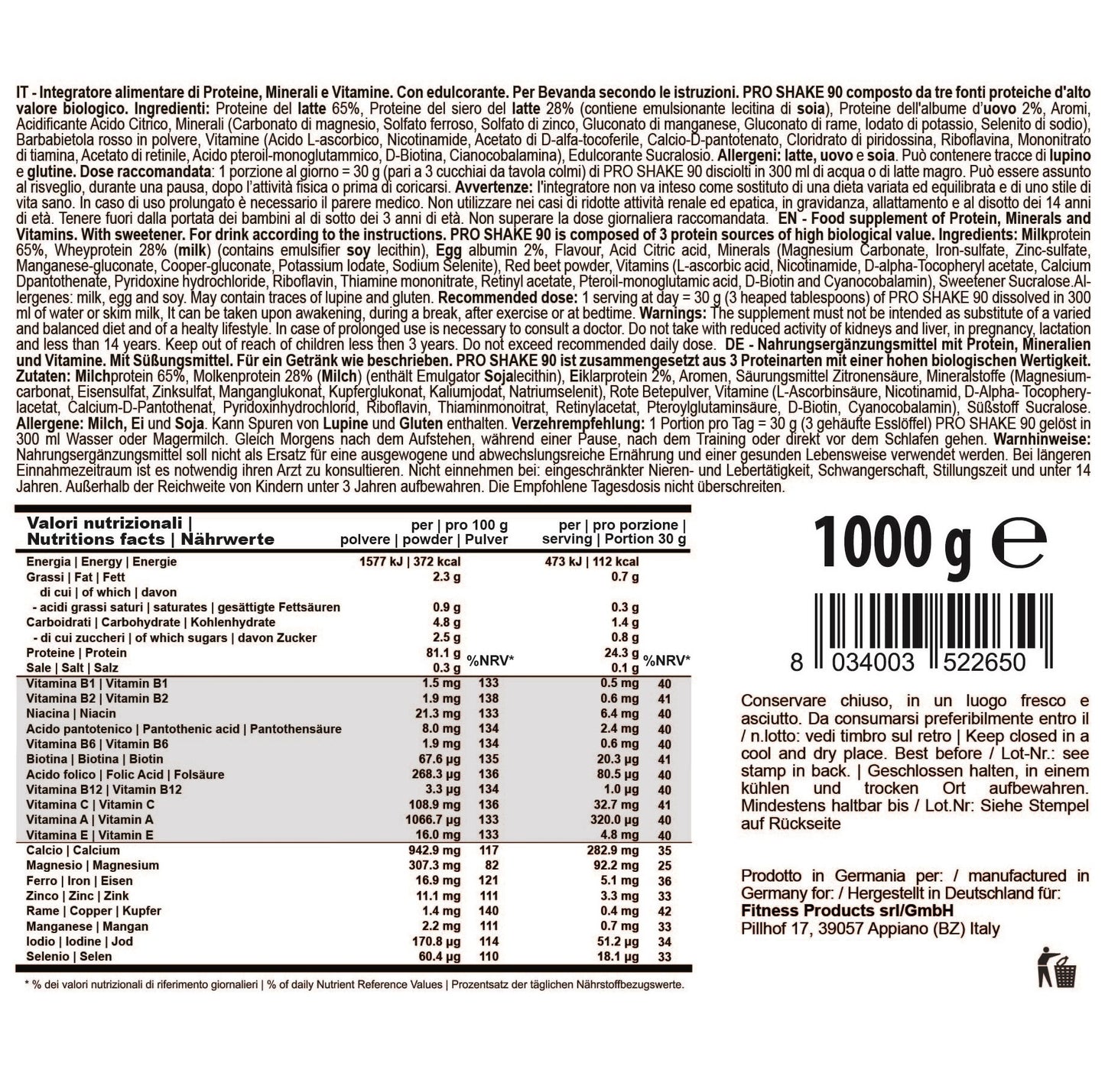 PRO SHAKE 90 1000g - multi protein complex - integratore proteico con minerali e vitamine
