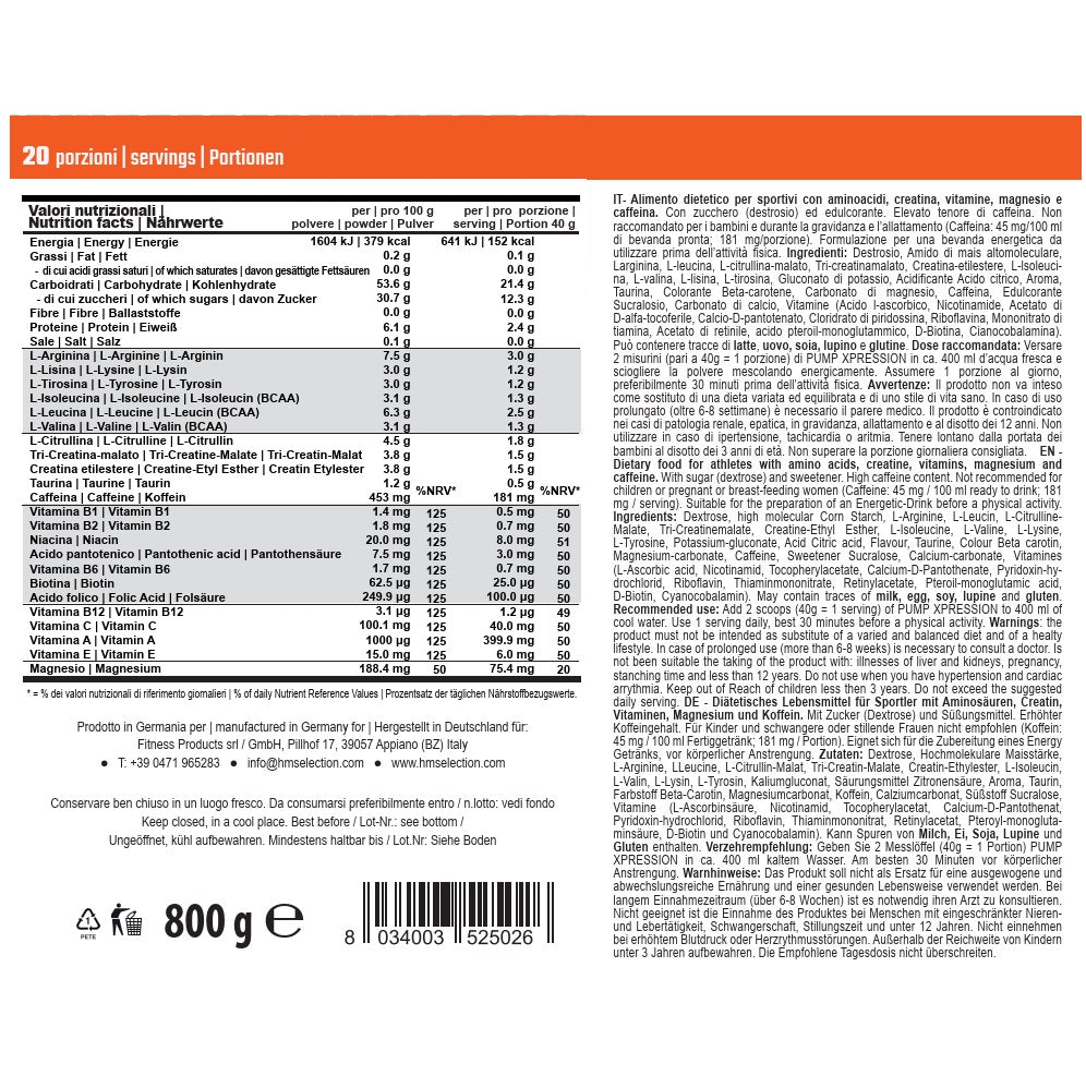 Pump Xpression 800g - integratore energetico a base di aminoacidi, creatina, vitamine, minerali e caffeina