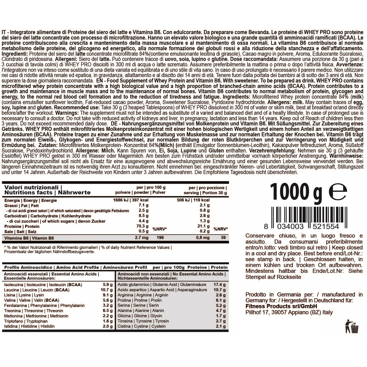 WHEY PRO, 1000g - integratore alimentare concentrato di proteine del siero del latte