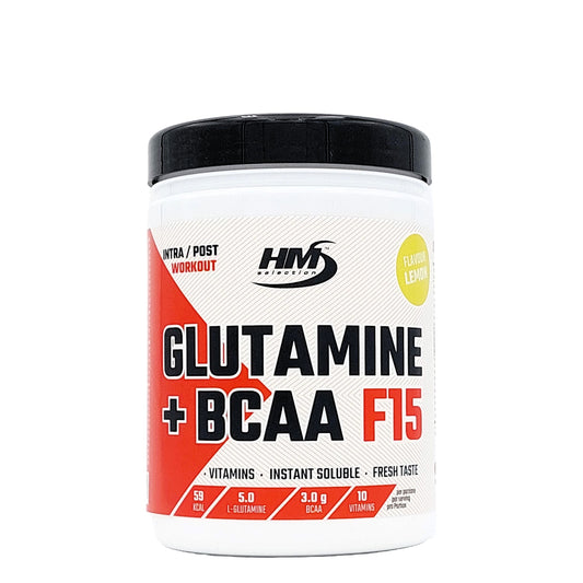 GLUTAMINE + BCAA F15, Zitrone, 500g Nahrungsergänzungsmittel von L-Glutamin, verzweigtkettigen Aminosäuren und Vitaminen