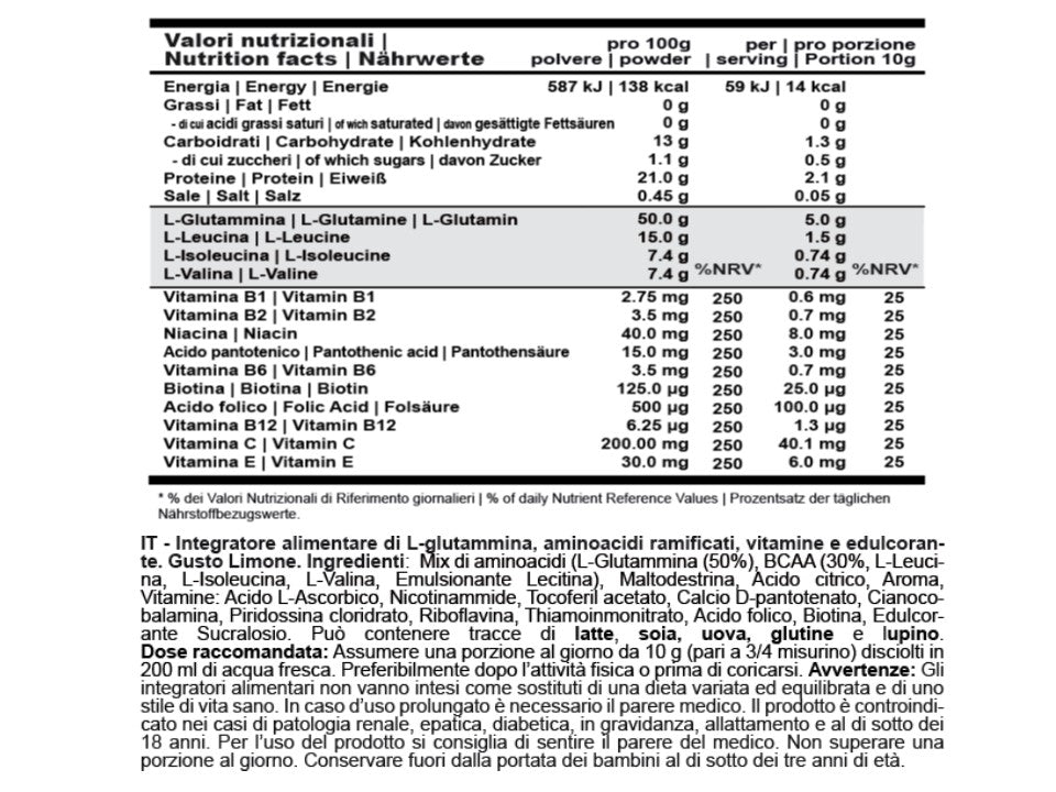 GLUTAMINE + BCAA F15, Limone, 500g - Integratore alimentare di L-glutammina, aminoacidi ramificati e vitamine