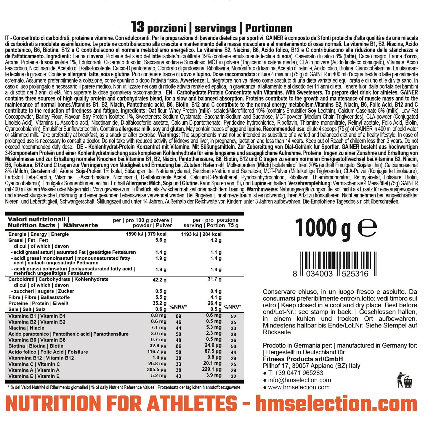 GAINER, 1000g - Kohlenhydrat-Protein Konzentrat mit Vitamine und Mineralien - diätetisches Lebensmittel für Sportler